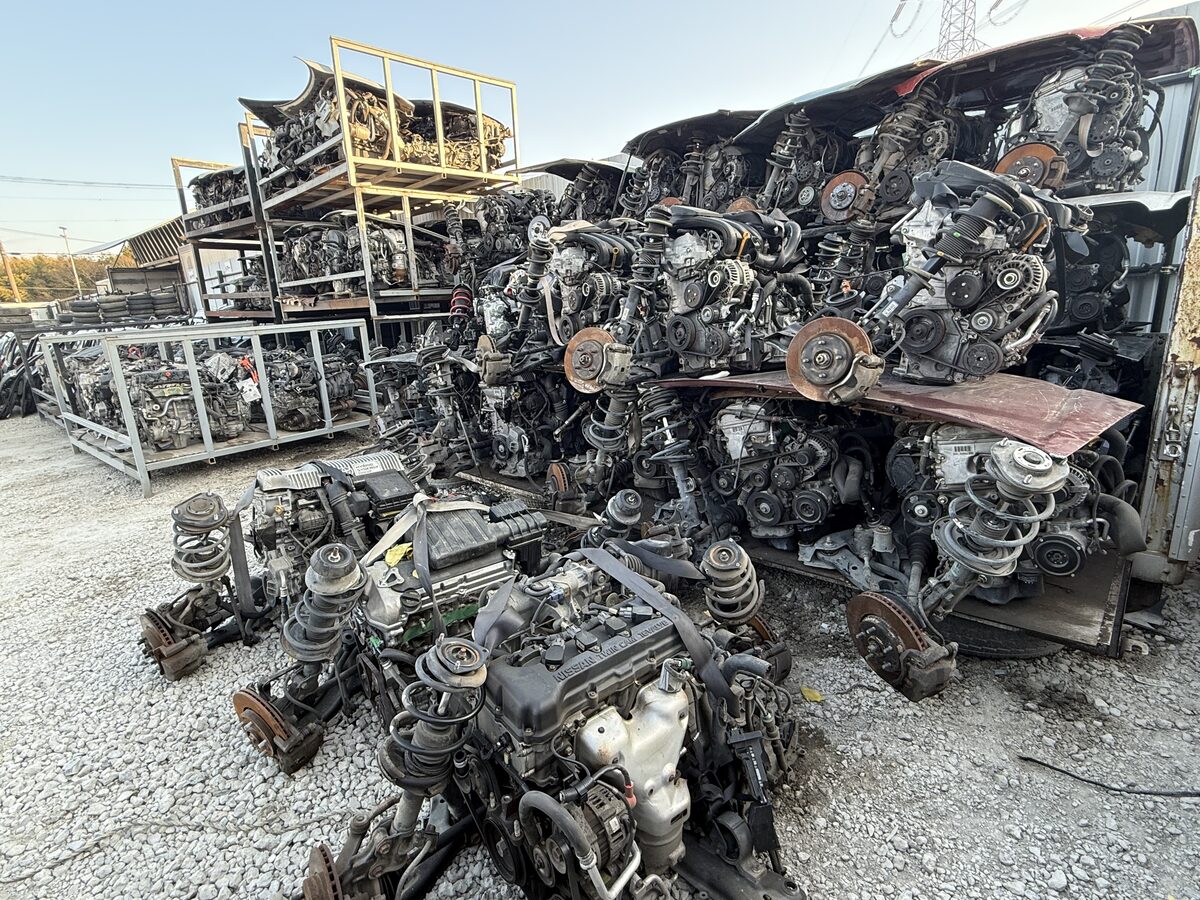 Rows of dismantled engines stored outdoors